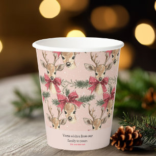 Cute Deer with Red Bow   Pink Christmas  Paper Cups