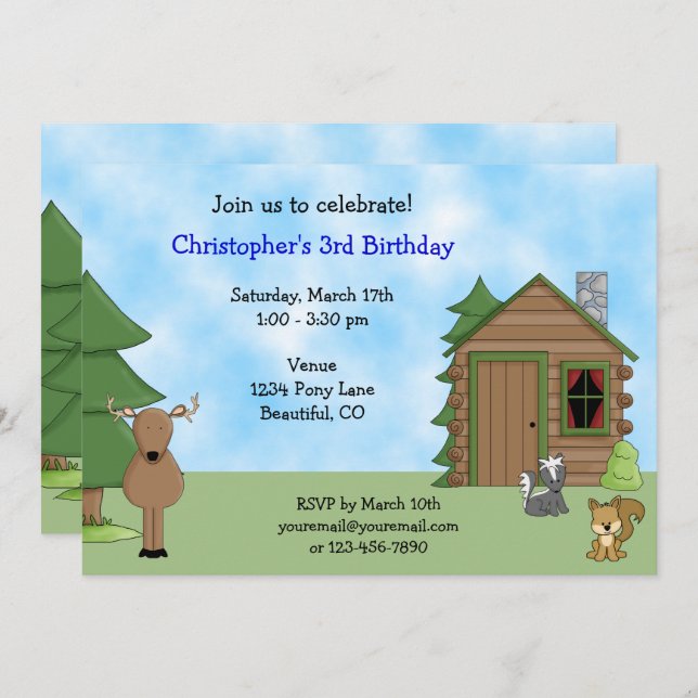Cute Deer, Woodland Animals and Cabin Birthday Invitation (Front/Back)