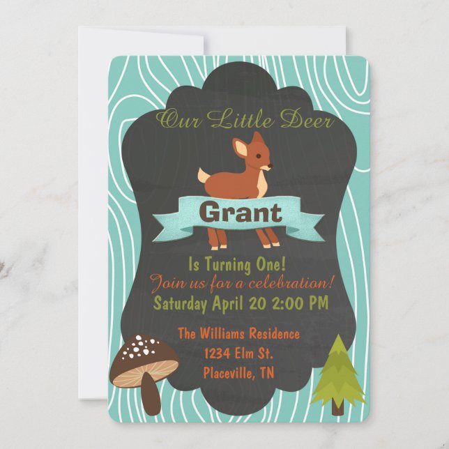 Cute deer Woodland birthday party invitation 4 (Front)