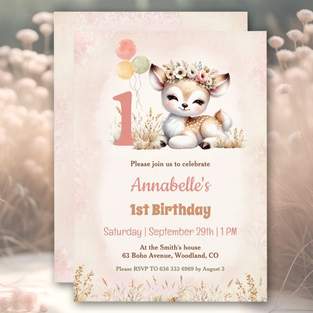 Cute Deer Woodland Boho Girl 1st Birthday  Invitation (Cute Deer Woodland Boho Girl 1st Birthday Invitation)