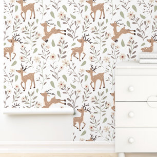 Cute Deer Woodland Neutral Nursery Kids Room White Wallpaper