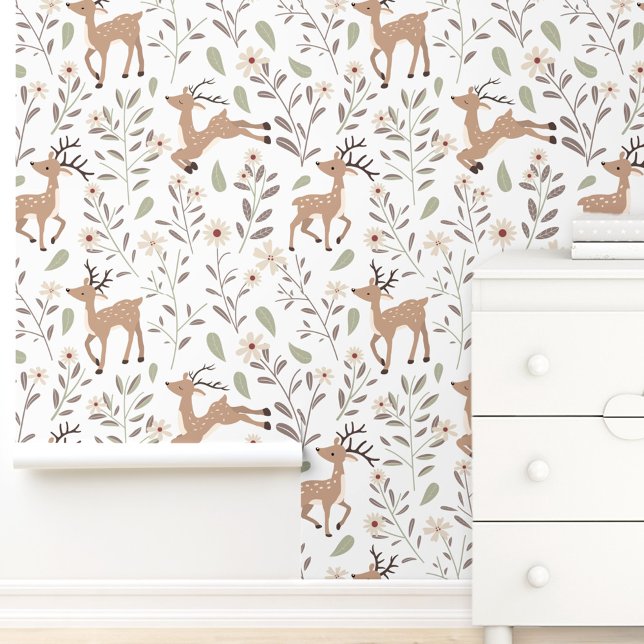 Cute Deer Woodland Neutral Nursery Kids Room White Wallpaper (Cute Deer Woodland Neutral Nursery Kids Room White Wallpaper)