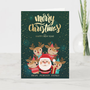 Cute Deers,Santa Claus Green Holiday Card