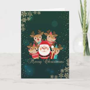 Cute Deers,Santa Claus,Snowflakes Holiday Card