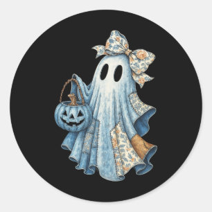 Cute Denim Ghost With Floral Bow Halloween Aesthet Classic Round Sticker