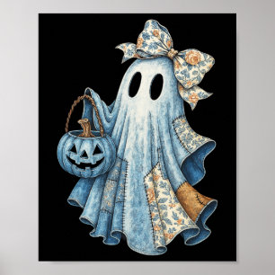 Cute Denim Ghost With Floral Bow Halloween Aesthet Poster