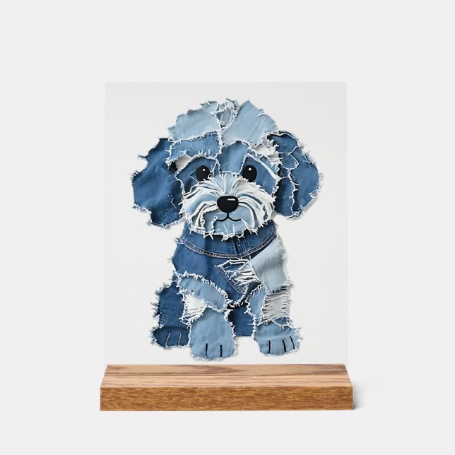 Cute Denim Patchwork Dog Illustration Acrylic Sign (Front)