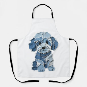 Cute Denim Patchwork Dog Illustration Apron