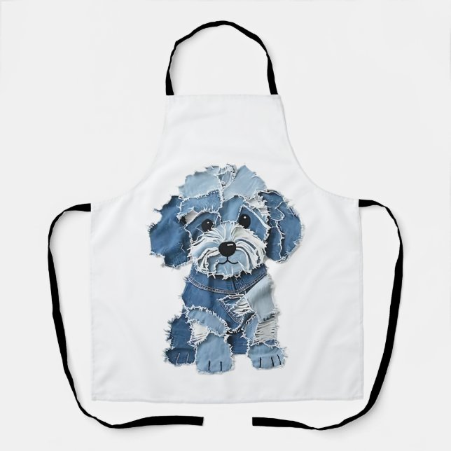 Cute Denim Patchwork Dog Illustration Apron (Front)