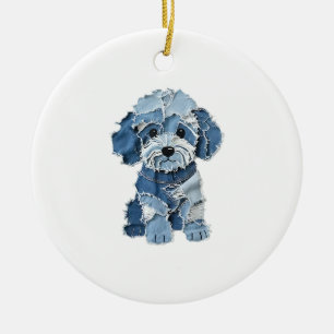 Cute Denim Patchwork Dog Illustration Ceramic Tree Decoration