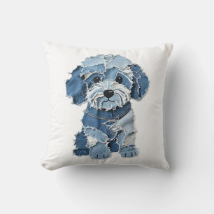 Cute Denim Patchwork Dog Illustration Cushion