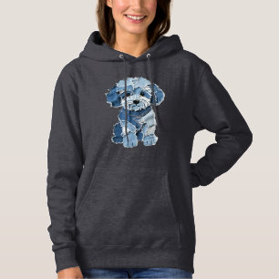 Cute Denim Patchwork Dog Illustration Hoodie