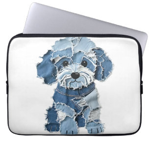 Cute Denim Patchwork Dog Illustration Laptop Sleeve