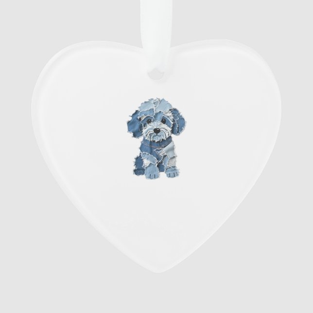Cute Denim Patchwork Dog Illustration Ornament (Front)