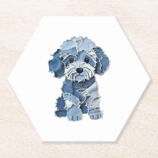 Cute Denim Patchwork Dog Illustration Paper Coaster (Front)