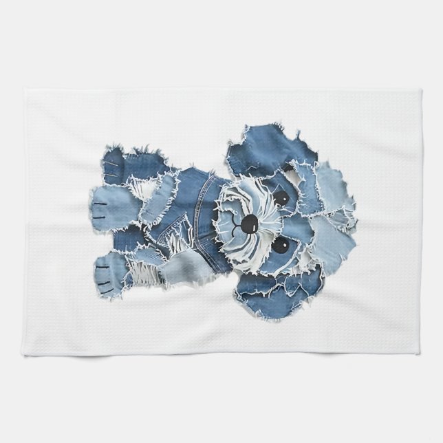 Cute Denim Patchwork Dog Illustration Tea Towel (Horizontal)