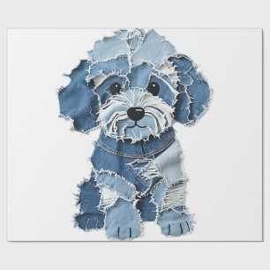 Cute Denim Patchwork Dog Illustration Wrapping Paper