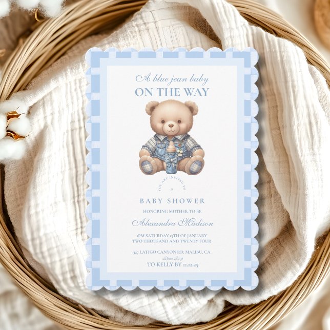 Cute Denim Teddy Bear Baby Shower Invitation (Creator Uploaded)