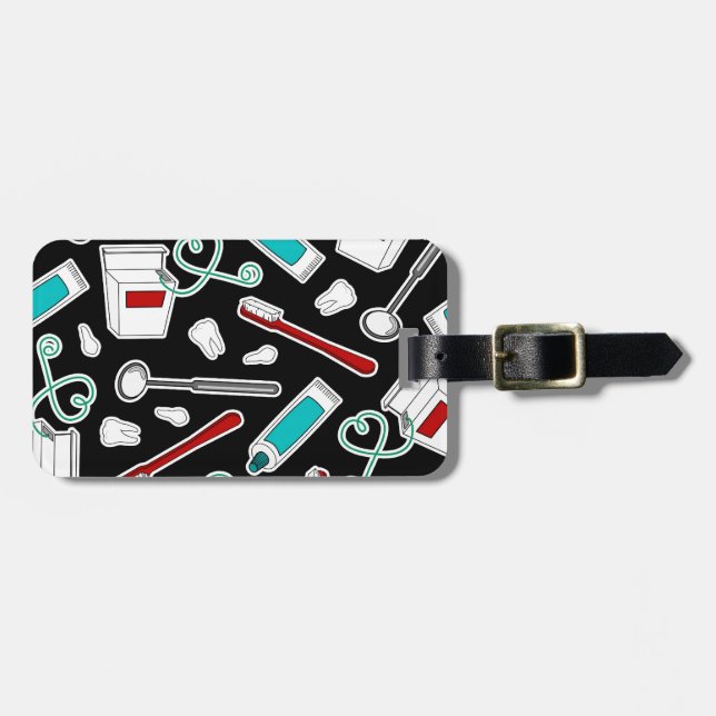 Cute Dentist / Dental Hygienist Print Black Luggage Tag (Front Horizontal)