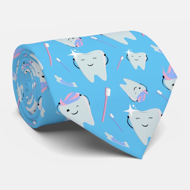Cute Dentist Dental Hygienist Tooth Pattern Blue Tie (Rolled)