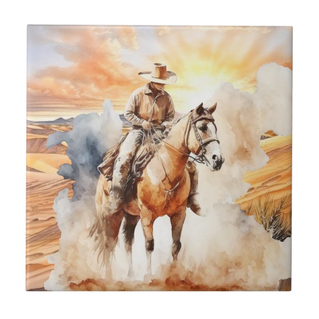cute desert cactus horse riding cowboy  tile (Front)