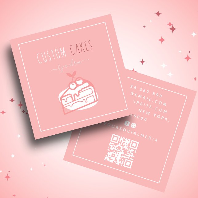 Cute Dessert Cake Artist QR Code Social Media Cool Square Business Card (Creator Uploaded)
