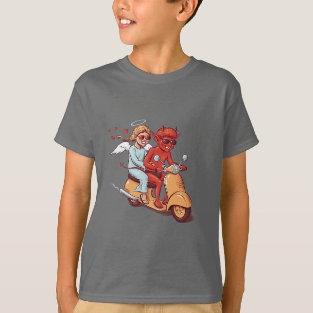 Cute Devil and Angel on a Scooter T-Shirt (Front)