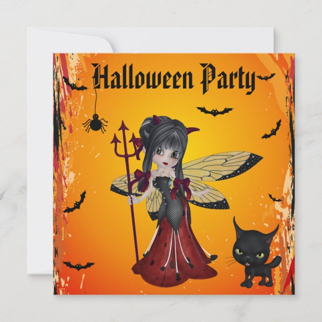 Cute Devil Girl Flower Fairy & Cat Halloween Invitation (Front)