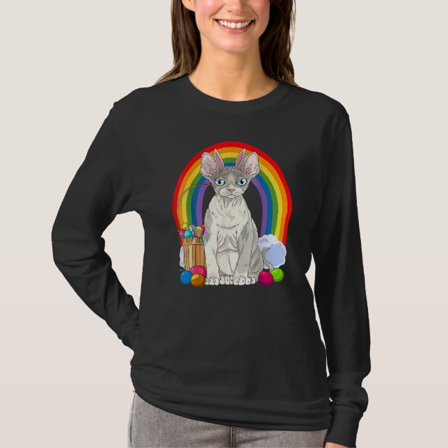 Cute Devon Rex Cat Rainbow Happy Easter Eggs Bunny T-Shirt (Front)