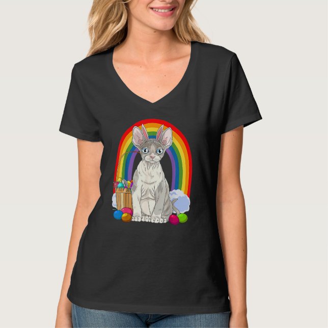 Cute Devon Rex Cat Rainbow Happy Easter Eggs Bunny T-Shirt (Front)