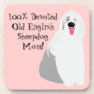 Cute Devoted Old English Sheepdog Mum on Pink Coaster