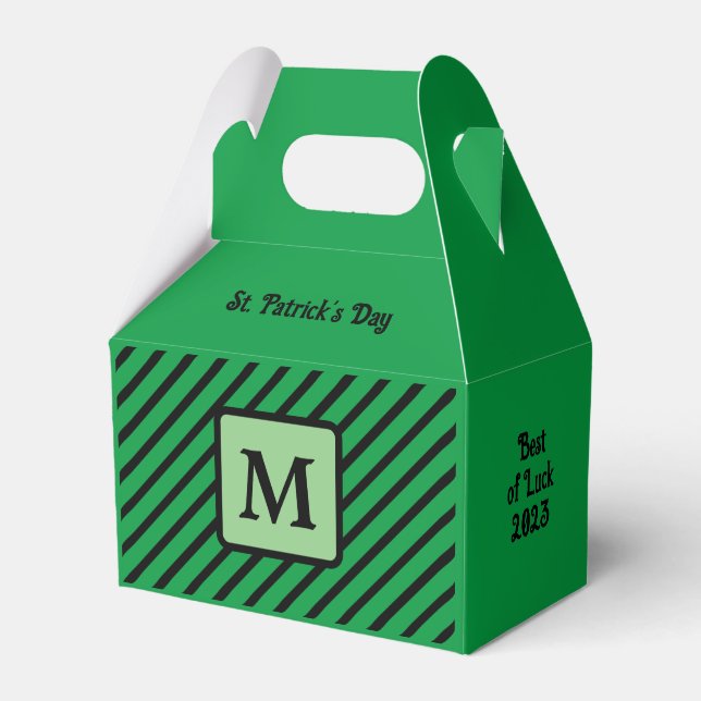 Cute Diagonal Stripes Green and Black Initial Favour Box (Front Side)