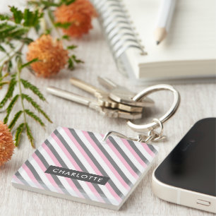 Cute diagonal stripes pattern custom name key ring