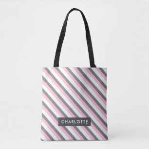 Cute diagonal stripes pattern custom name tote bag