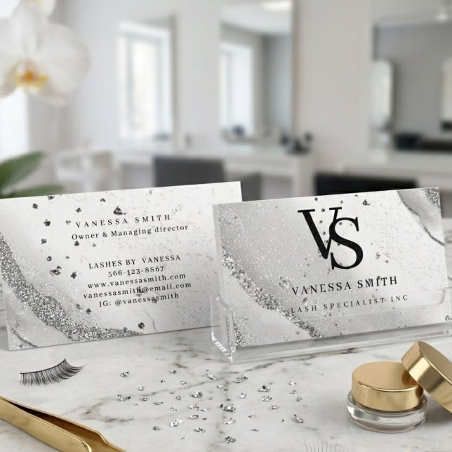 Cute Diamond black Glitter Marble Agate Monogram Business Card (Creator Uploaded)