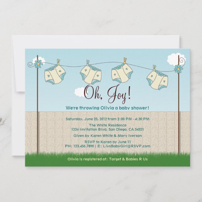Cute Diaper Clothesline Gender Neutral Baby Shower Invitation (Front)