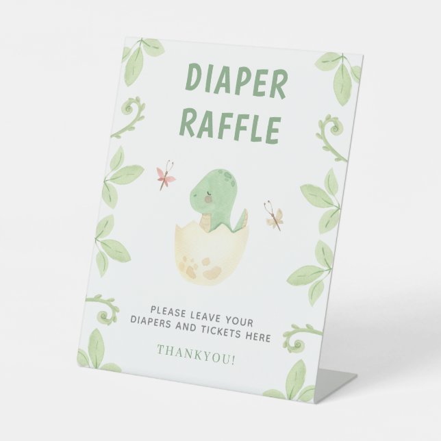 Cute Diaper Raffle Dinosaur Watercolor Baby Shower Pedestal Sign (Front)