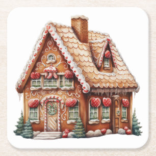 Cute Digital Painting of a Gingerbread House Square Paper Coaster