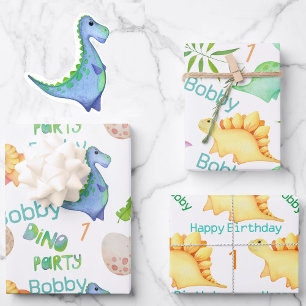 Cute Dino Boys Dinosaur Personalise 1st Birthday Wrapping Paper Sheet