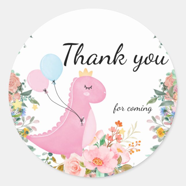 Cute dino crown balloon flora  classic round sticker (Front)