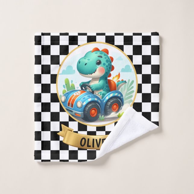 Cute Dino Driving a Race Car Wash Cloth (Wash Cloth)