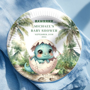 Cute Dino Egg Baby Shower Hatching Soon Plates