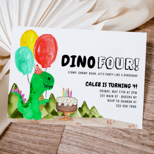 Cute Dino FOUR Balloon Cake Dinosaur 4th Birthday Invitation (Creator Uploaded)