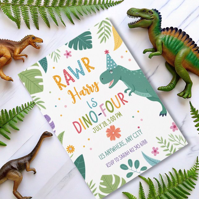 cute dino-four dinosaur boy 4th birthday  invitation (Creator Uploaded)