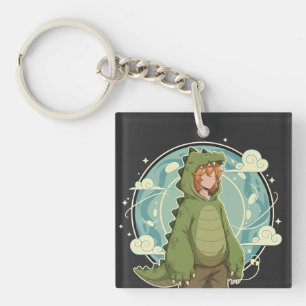 Cute Dino Friend Anime Boy - Green Dinosaur Key Ring