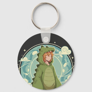 Cute Dino Friend Anime Boy - Green Dinosaur Key Ring