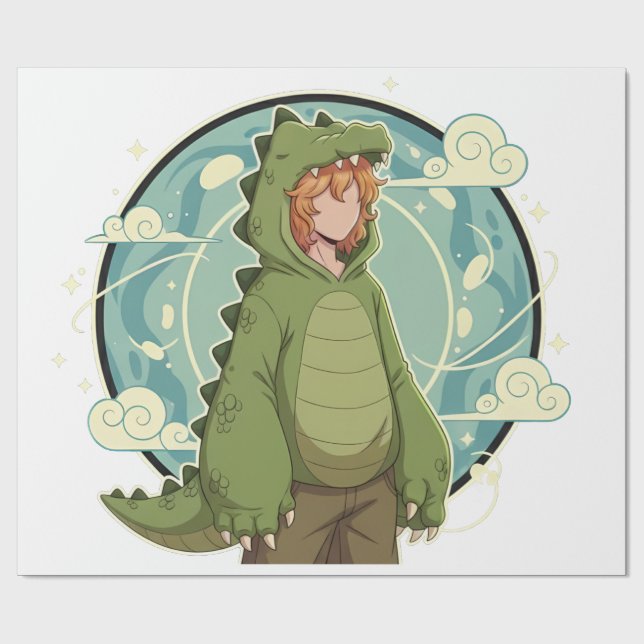 Cute Dino Friend Anime Boy - Green Dinosaur Wrapping Paper (Flat)