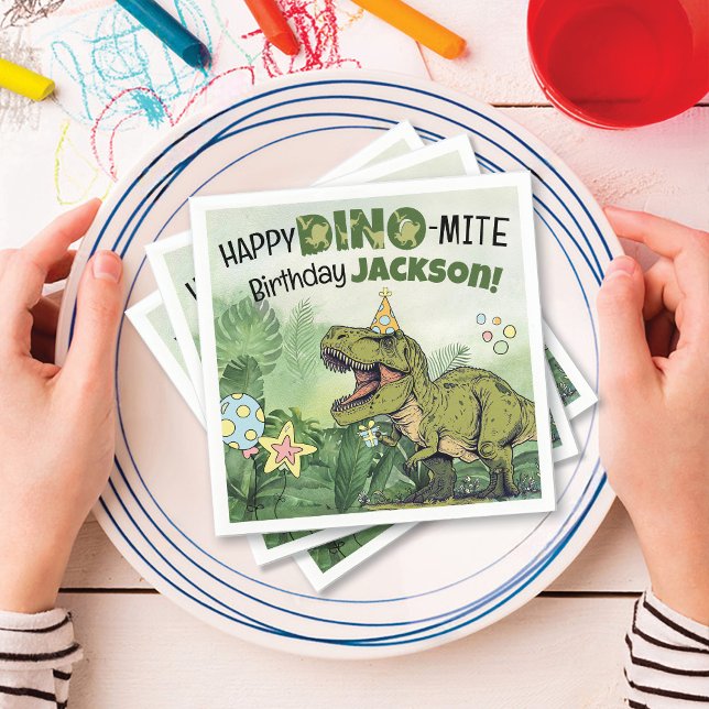 Cute Dino-Mite Kids Name Dinosaur Birthday Party Napkin (Cute Dinosaur theme Happy Dino-mite Birthday name boy birthday party paper napkins table decorations)