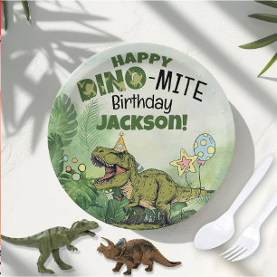 Cute Dino-Mite Kids Name Dinosaur Birthday Party Paper Plate