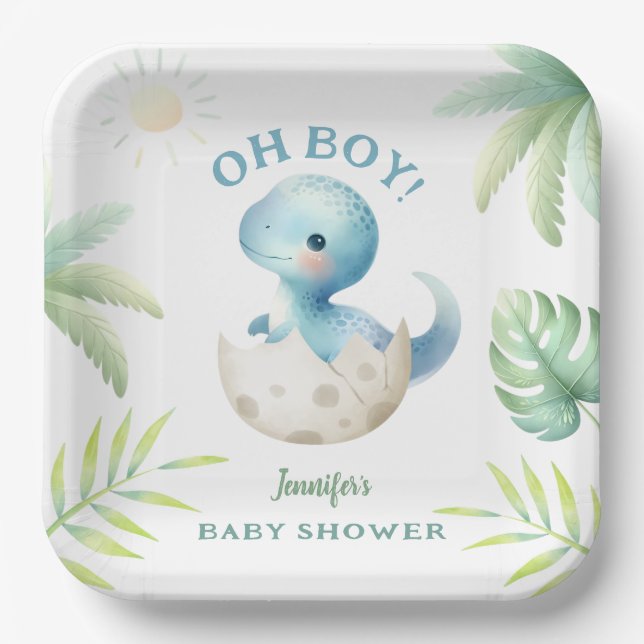 Cute Dino Oh Boy Dinosaur Baby Shower  Paper Plate (Front)